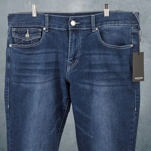 NWT True Religion Jeans Mens Size 36 Ricky Flap SN Relaxed Straight Blue Denim‎